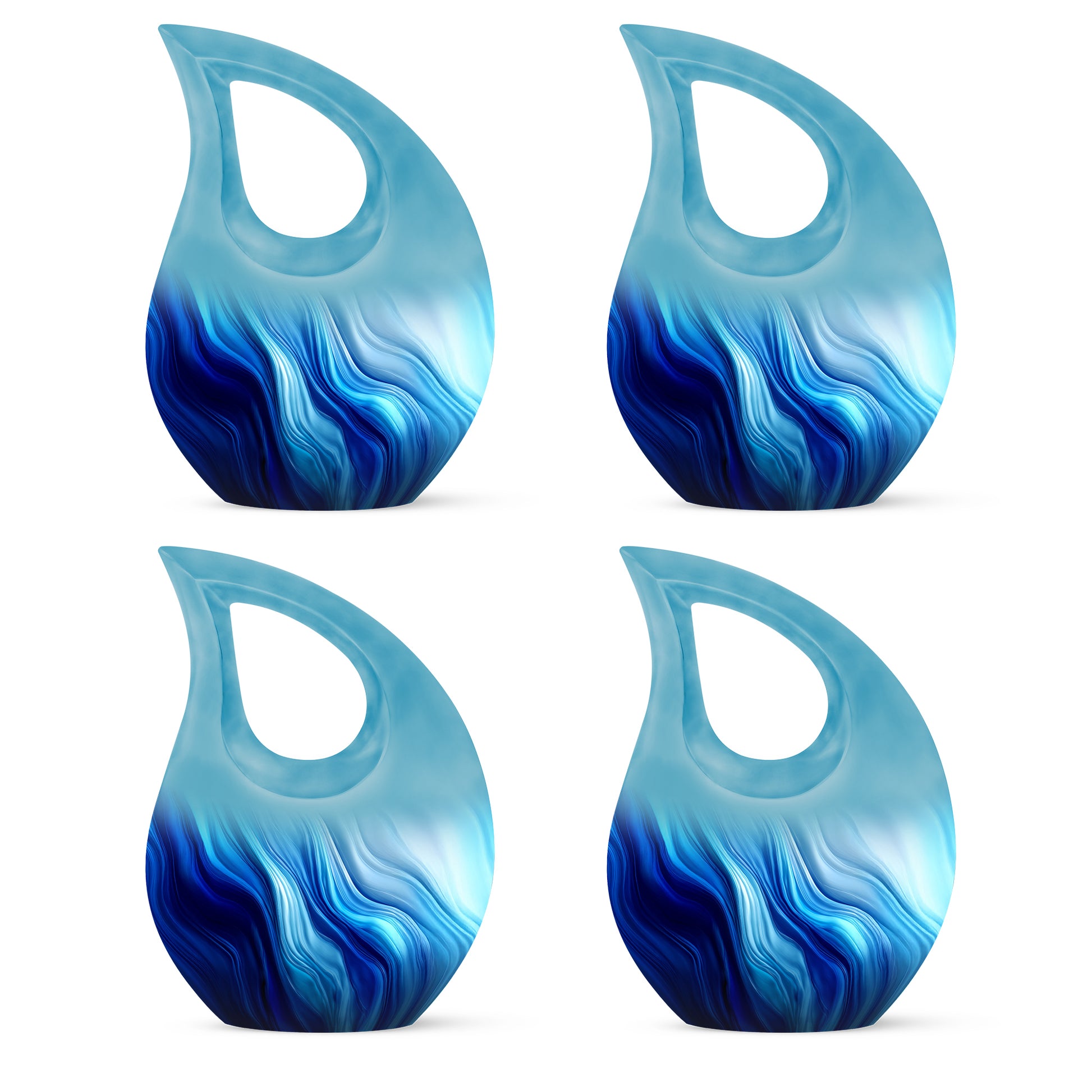 Indigo Blue Cremation Urn lifestyle display on memorial shelf - cross and blue combined in spiritual memorial design - 10 inch aluminum urn for cremated remains