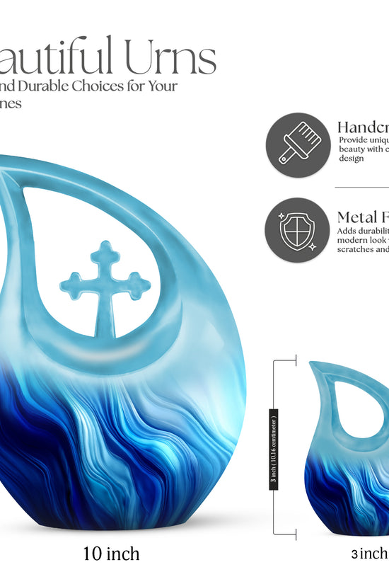 Serene Blue Blue Cremation Urn back view with polished surface - devotional cross-drop blue engraving - mini keepsake memorial for portion of cremation ashes
