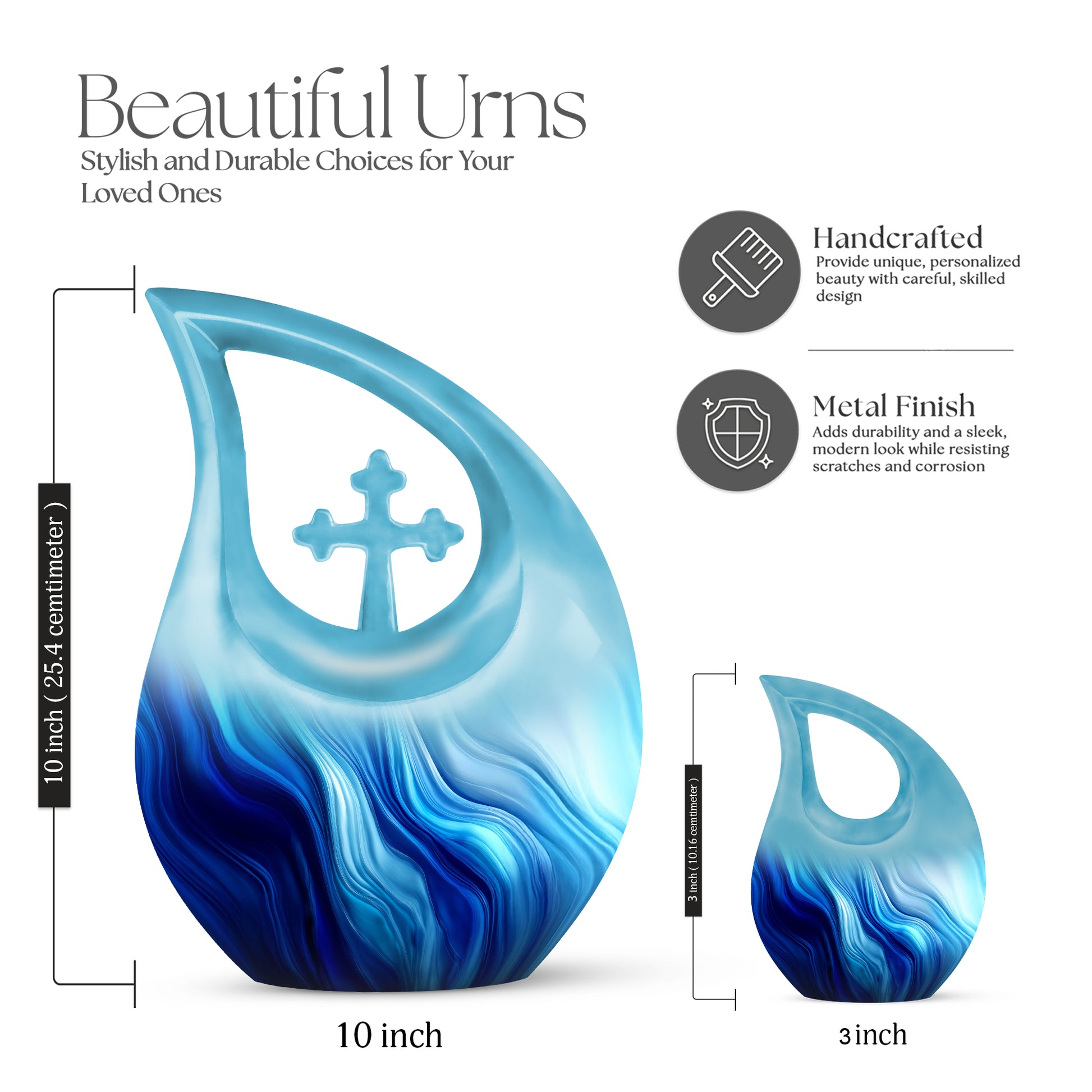 Serene Blue Blue Cremation Urn back view with polished surface - devotional cross-drop blue engraving - mini keepsake memorial for portion of cremation ashes
