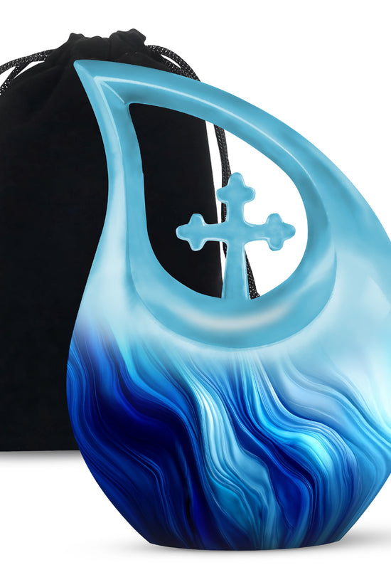 Sky Blue Blue Cremation Urn top-down view of secure threaded lid - cross and blue combined in spiritual memorial design - full-size 10 inch 200 cubic inch adult cremation urn