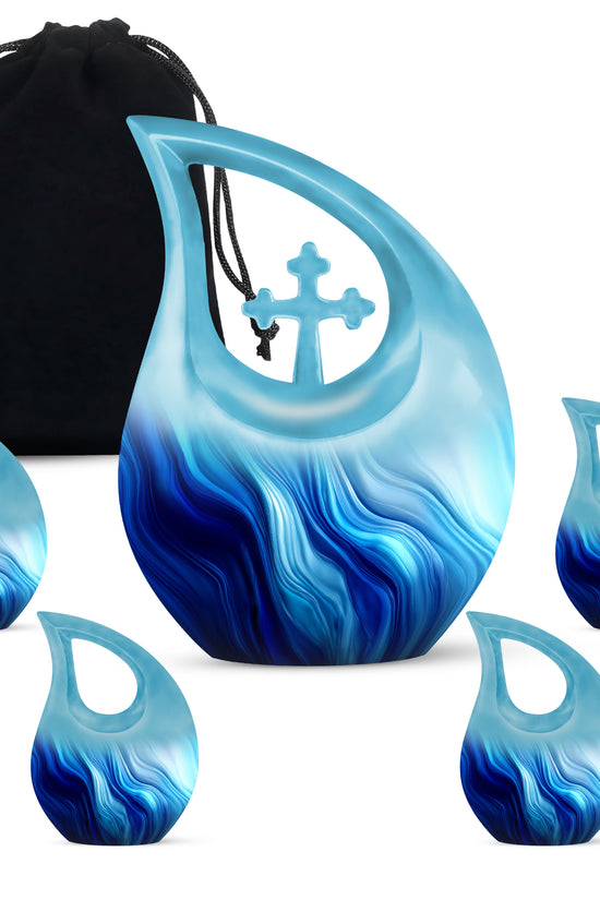 Misty Blue Blue Cremation Urn urn with complimentary velvet bag - cross and blue combined in spiritual memorial design - memorial set with one large and four small urns