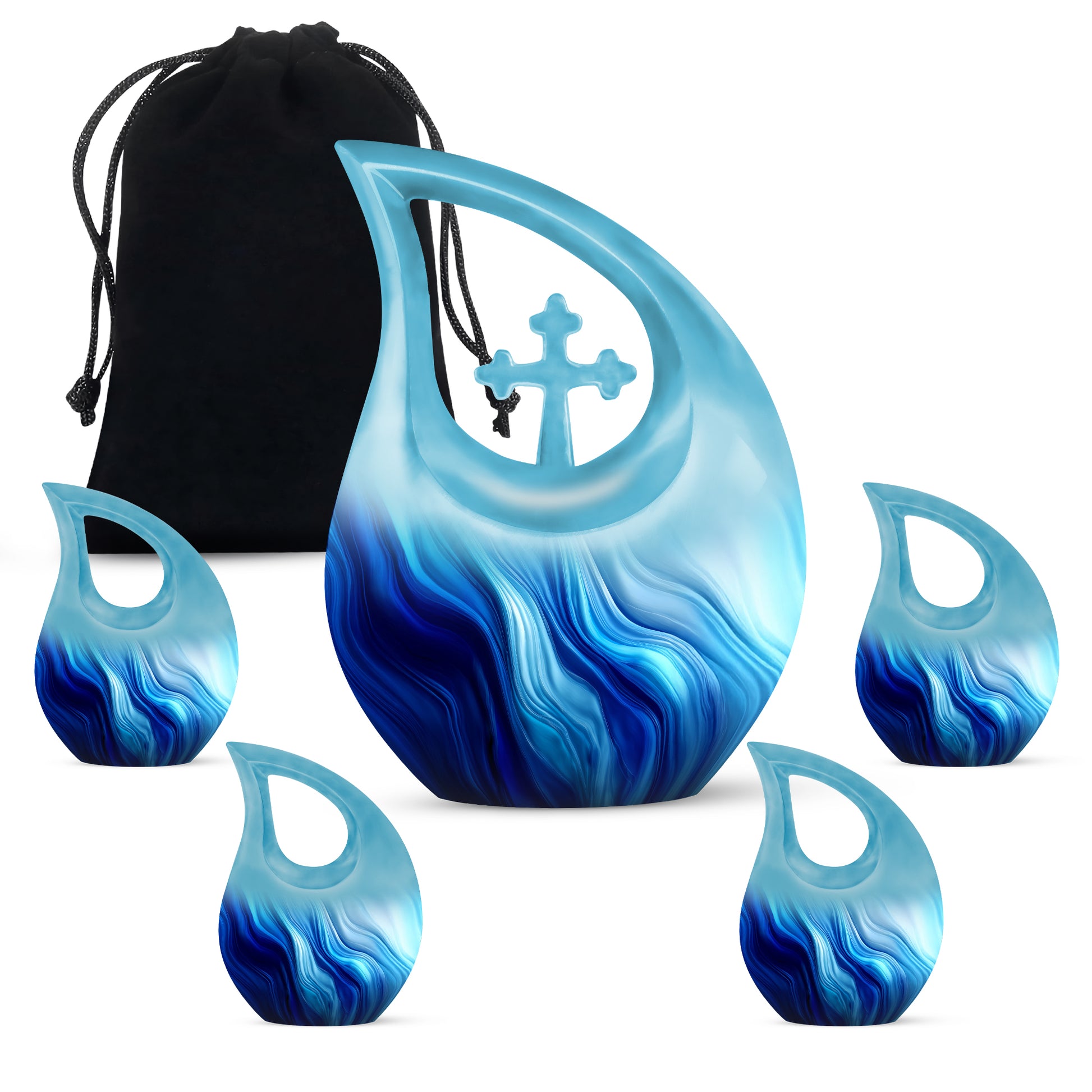 Misty Blue Blue Cremation Urn urn with complimentary velvet bag - cross and blue combined in spiritual memorial design - memorial set with one large and four small urns