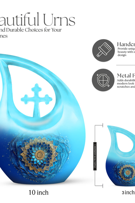 Cool Teal Blue Cremation Urn back view with polished surface - cross and blue combined in spiritual memorial design - mini keepsake memorial for portion of cremation ashes