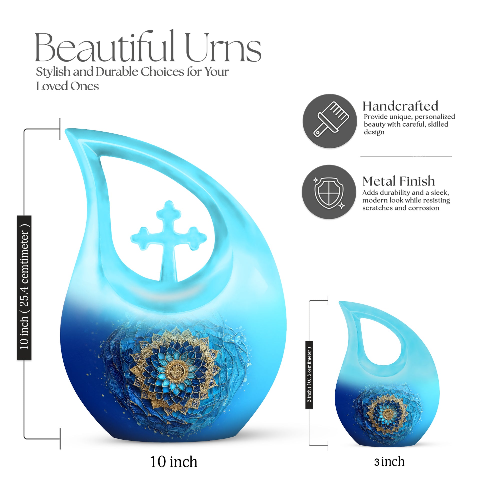 Cool Teal Blue Cremation Urn back view with polished surface - cross and blue combined in spiritual memorial design - mini keepsake memorial for portion of cremation ashes