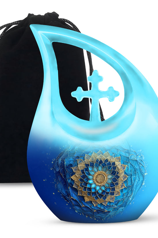 Sea Green Teal Blue Cremation Urn top-down view of secure threaded lid - sacred cross merged with blue motif on metal - full-size 10 inch 200 cubic inch adult cremation urn
