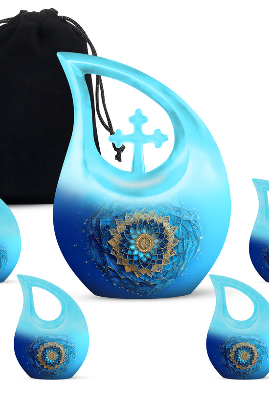 Cool Teal Blue Cremation Urn urn with complimentary velvet bag - cross and blue combined in spiritual memorial design - memorial set with one large and four small urns