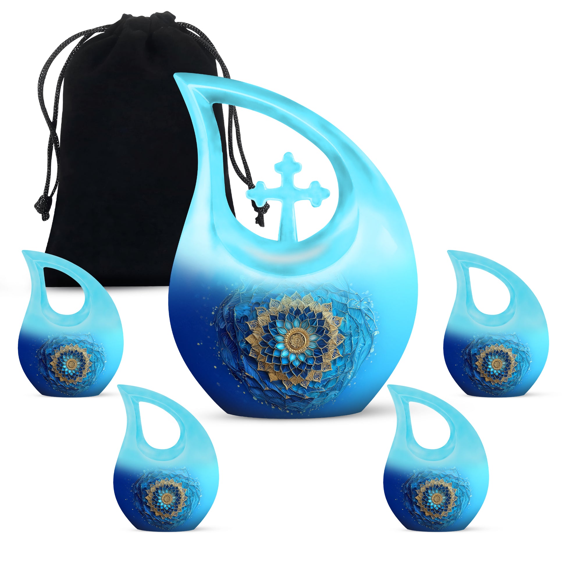 Cool Teal Blue Cremation Urn urn with complimentary velvet bag - cross and blue combined in spiritual memorial design - memorial set with one large and four small urns