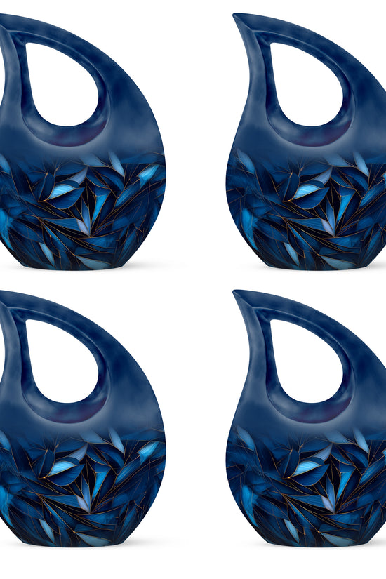 Slate Blue Blue Cremation Urn lifestyle display on memorial shelf - cross and blue combined in spiritual memorial design - 10 inch aluminum urn for cremated remains