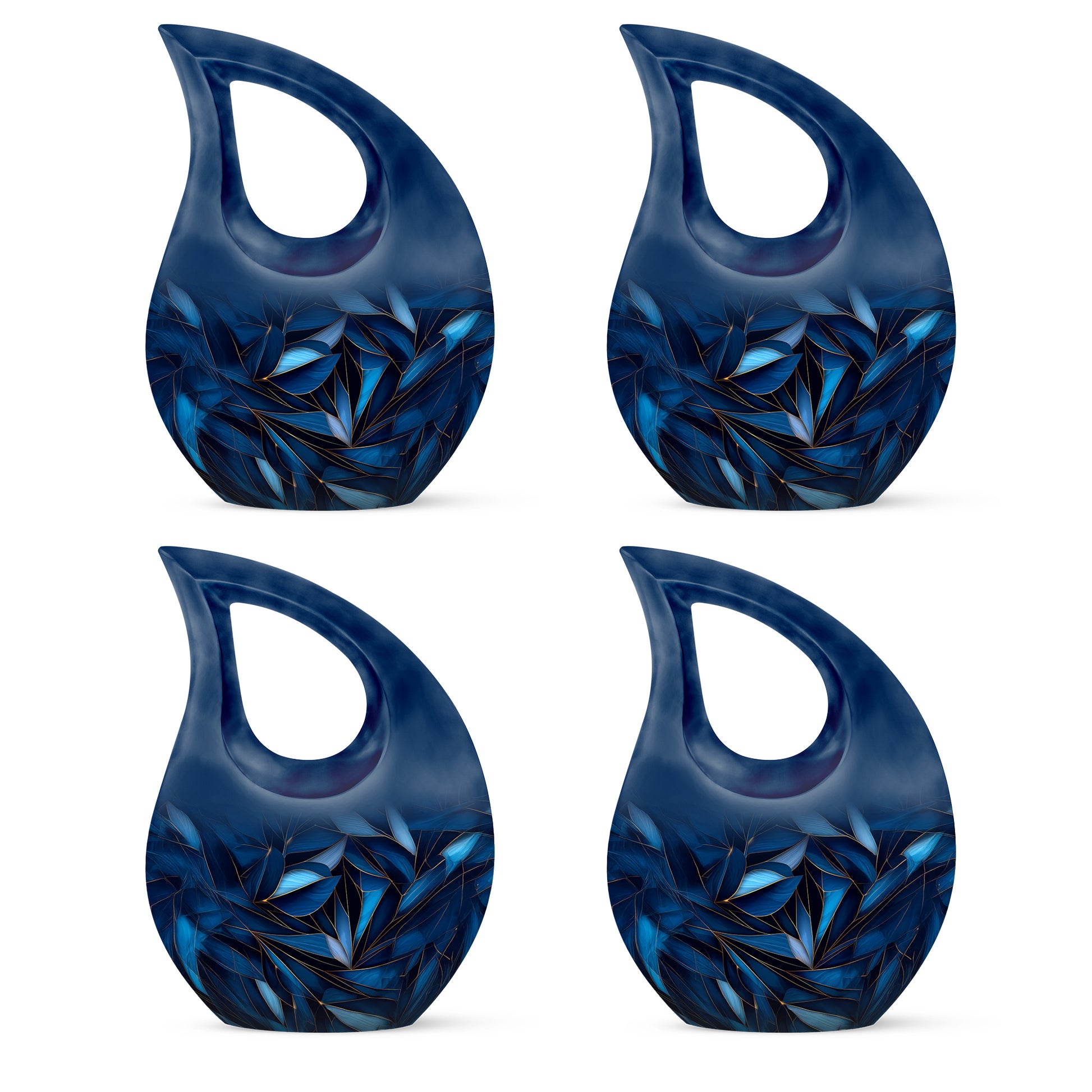 Slate Blue Blue Cremation Urn lifestyle display on memorial shelf - cross and blue combined in spiritual memorial design - 10 inch aluminum urn for cremated remains