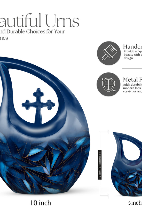 Calming Blue Blue Cremation Urn back view with polished surface - faith-inspired cross-drop urn with blue pattern - mini keepsake memorial for portion of cremation ashes