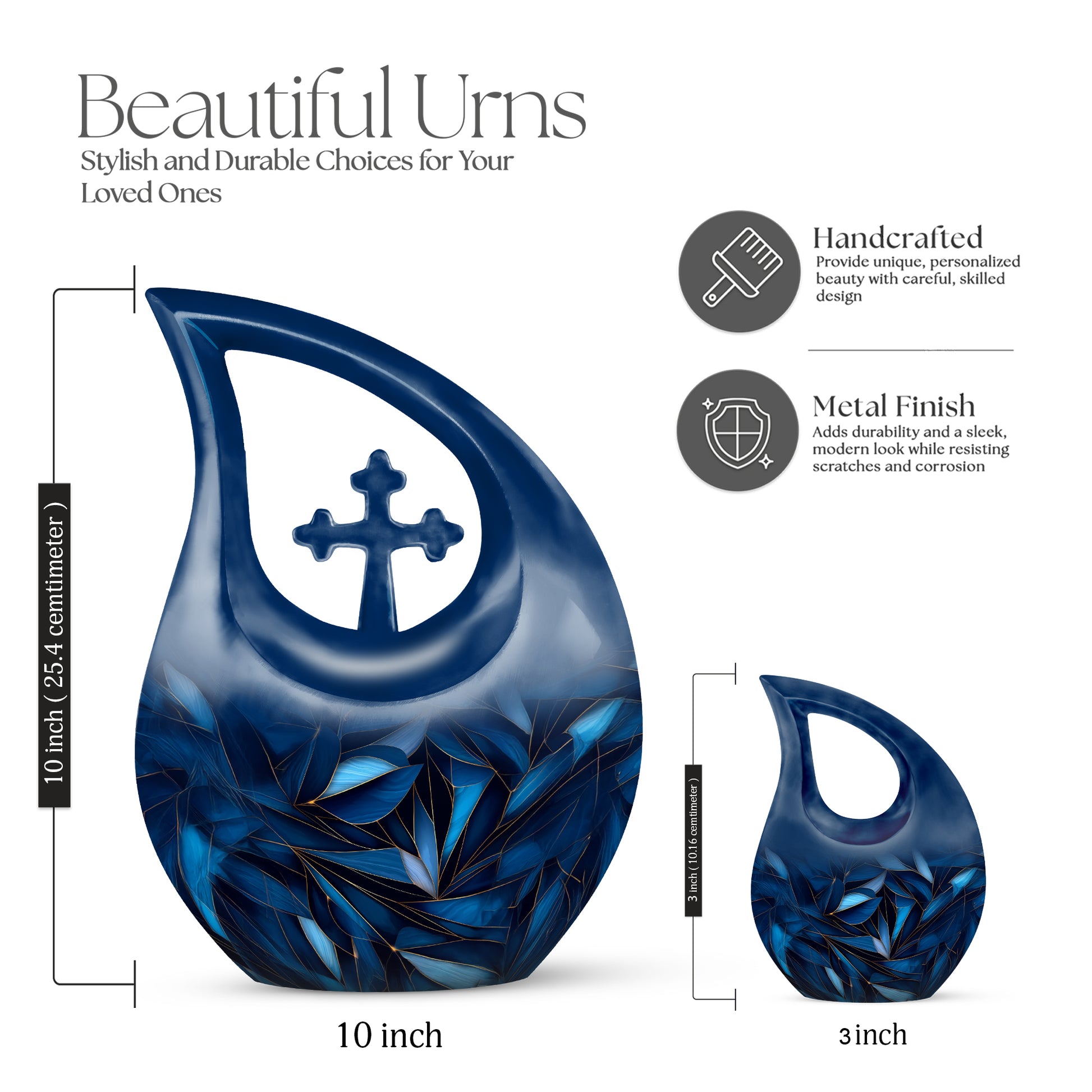 Calming Blue Blue Cremation Urn back view with polished surface - faith-inspired cross-drop urn with blue pattern - mini keepsake memorial for portion of cremation ashes