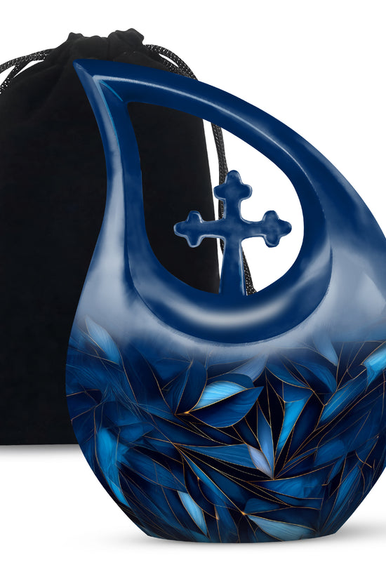 Bright Blue Blue Cremation Urn top-down view of secure threaded lid - faith-inspired cross-drop urn with blue pattern - full-size 10 inch 200 cubic inch adult cremation urn