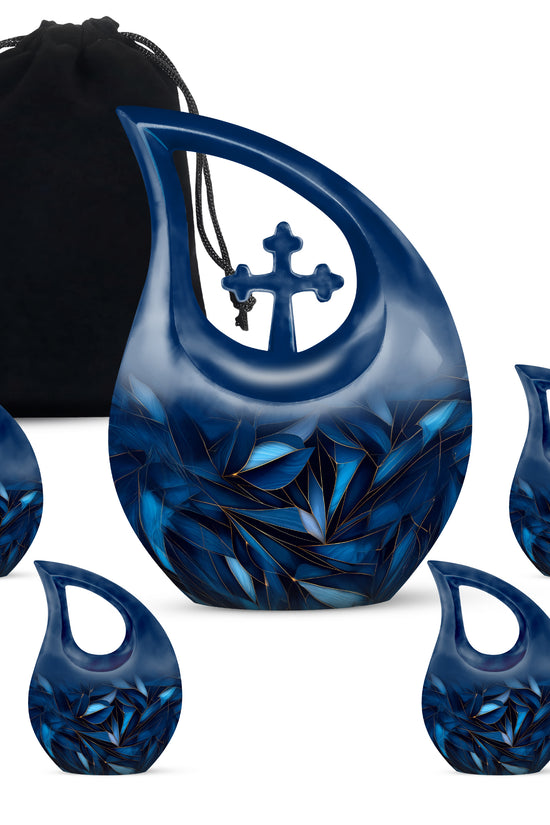 Celestial Blue Blue Cremation Urn urn with complimentary velvet bag - sacred cross merged with blue motif on metal - memorial set with one large and four small urns
