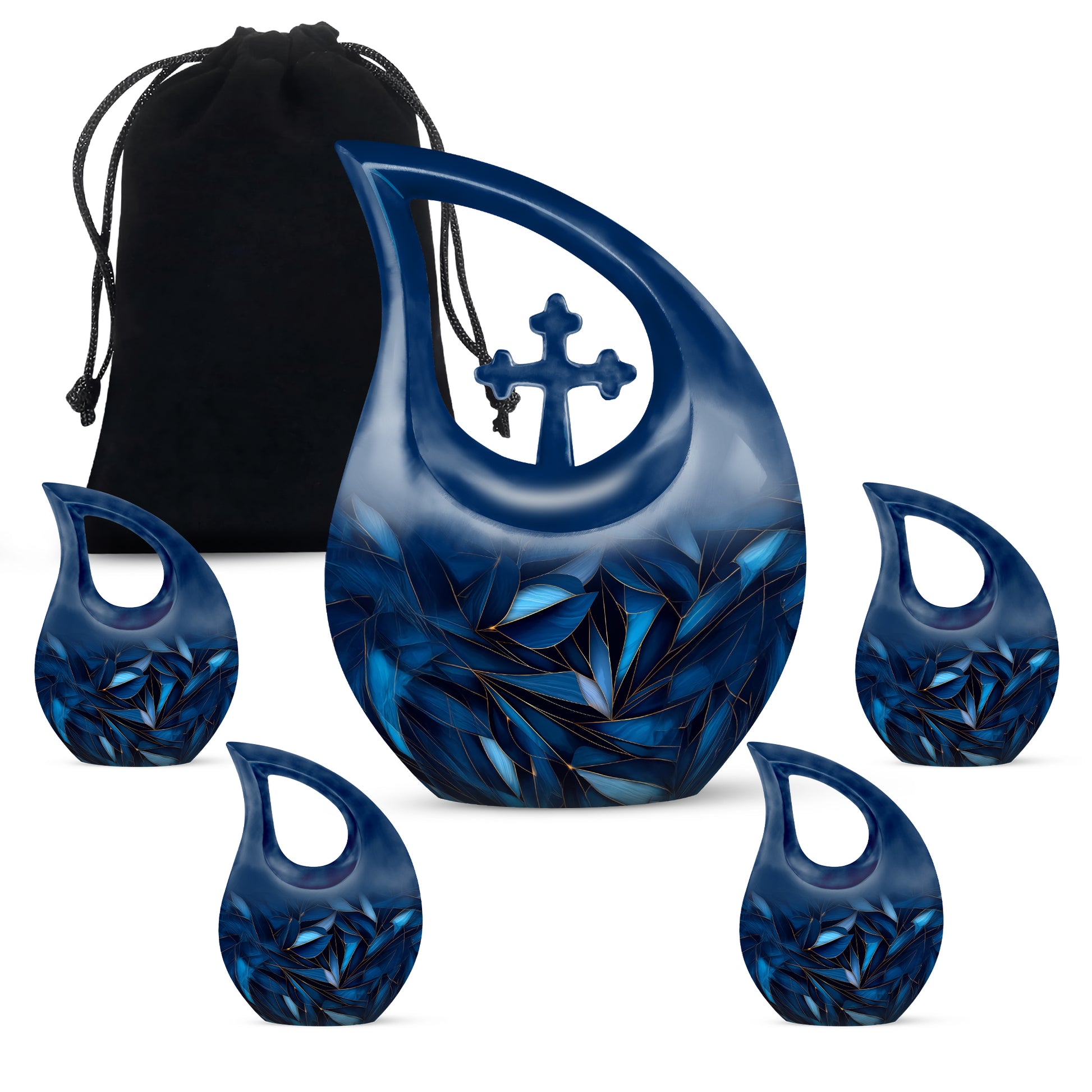 Celestial Blue Blue Cremation Urn urn with complimentary velvet bag - sacred cross merged with blue motif on metal - memorial set with one large and four small urns