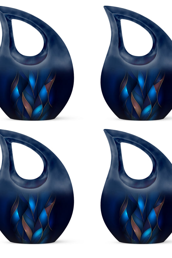 Slate Blue Blue Cremation Urn lifestyle display on memorial shelf - cross and blue combined in spiritual memorial design - 10 inch aluminum urn for cremated remains