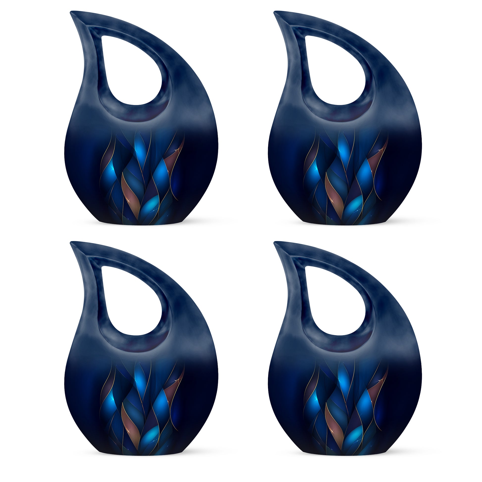 Slate Blue Blue Cremation Urn lifestyle display on memorial shelf - cross and blue combined in spiritual memorial design - 10 inch aluminum urn for cremated remains
