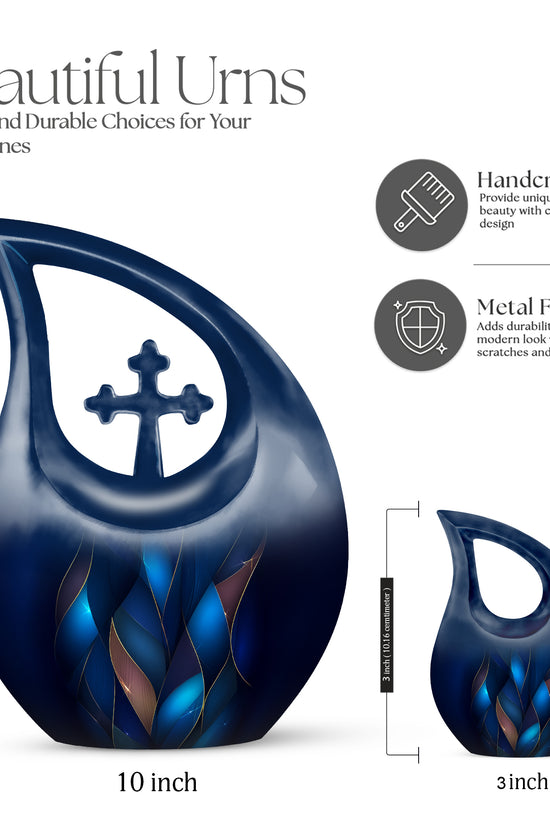 Pastel Blue Blue Cremation Urn back view with polished surface - cross and blue combined in spiritual memorial design - mini keepsake memorial for portion of cremation ashes