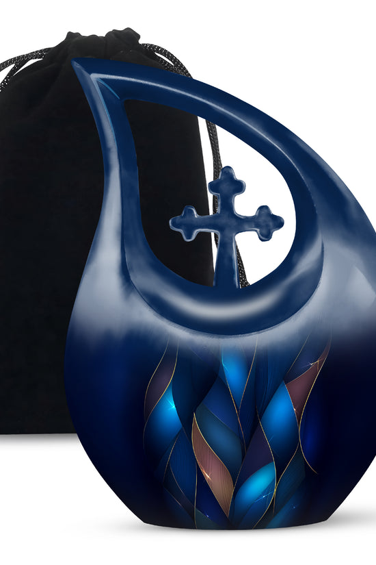 Cobalt Blue Blue Cremation Urn top-down view of secure threaded lid - devotional cross-drop blue engraving - full-size 10 inch 200 cubic inch adult cremation urn