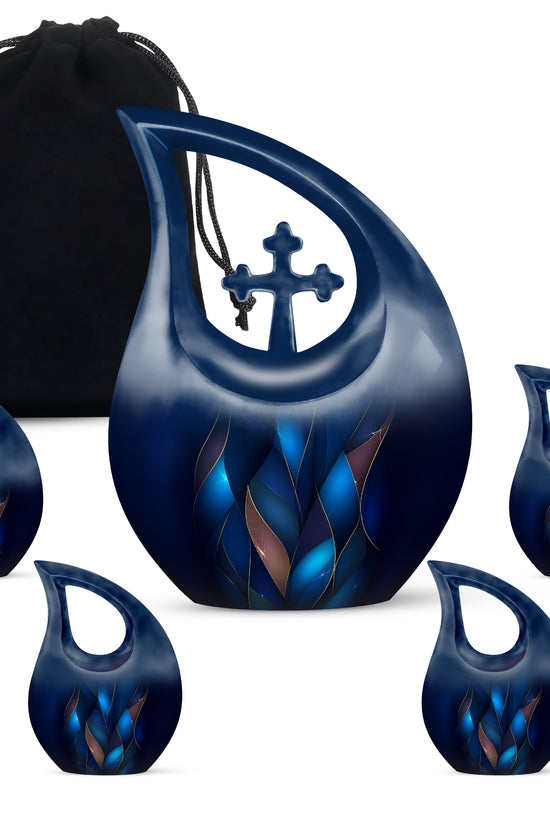 Royal Blue Blue Cremation Urn urn with complimentary velvet bag - devotional cross-drop blue engraving - memorial set with one large and four small urns