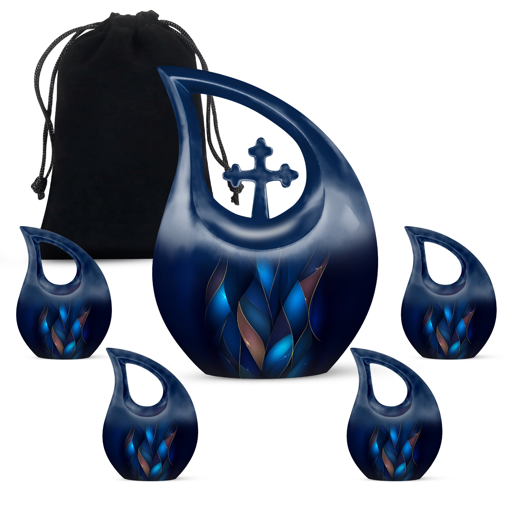 Royal Blue Blue Cremation Urn urn with complimentary velvet bag - devotional cross-drop blue engraving - memorial set with one large and four small urns