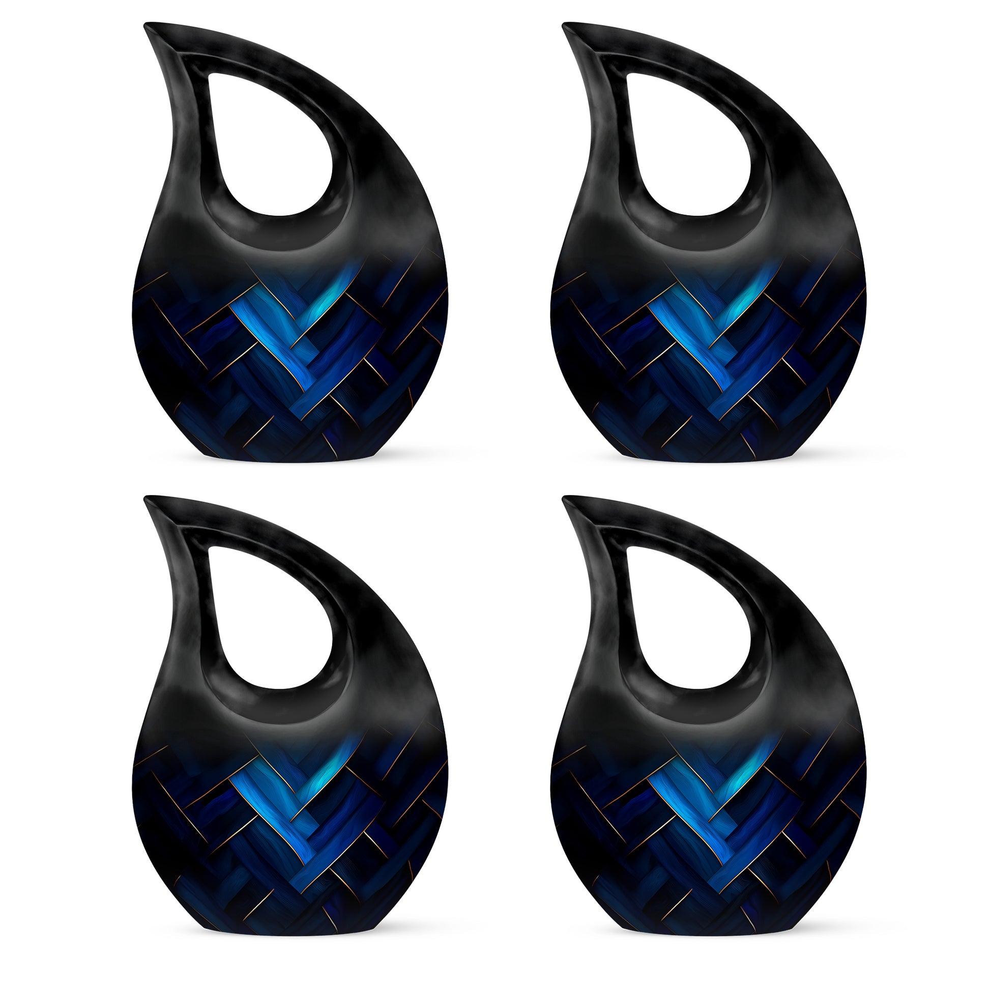 Slate Blue Blue Cremation Urn lifestyle display on memorial shelf - cross and blue combined in spiritual memorial design - 10 inch aluminum urn for cremated remains