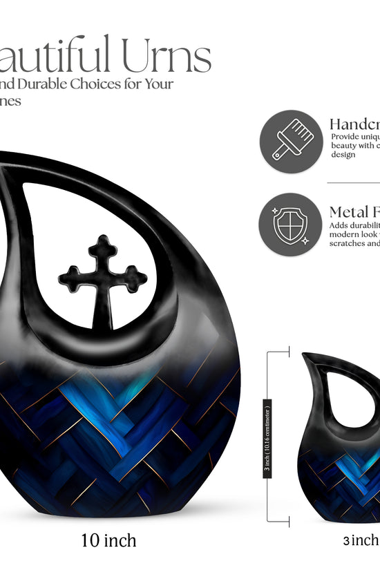 Celestial Blue Blue Cremation Urn back view with polished surface - cross and blue combined in spiritual memorial design - mini keepsake memorial for portion of cremation ashes