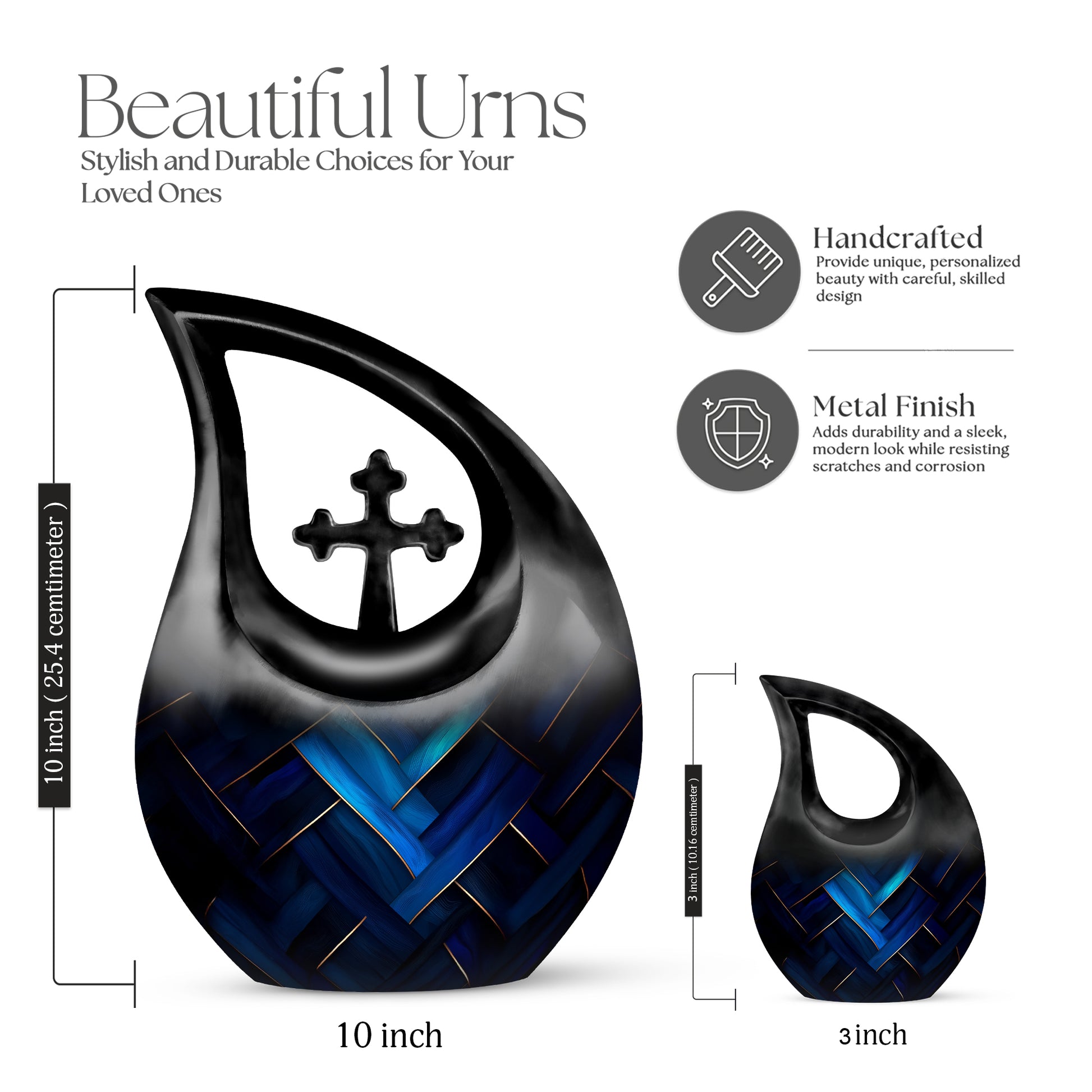 Celestial Blue Blue Cremation Urn back view with polished surface - cross and blue combined in spiritual memorial design - mini keepsake memorial for portion of cremation ashes