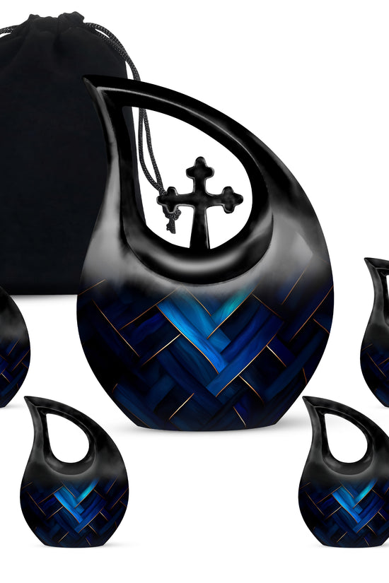 Steel Blue Blue Cremation Urn urn with complimentary velvet bag - faith-inspired cross-drop urn with blue pattern - memorial set with one large and four small urns