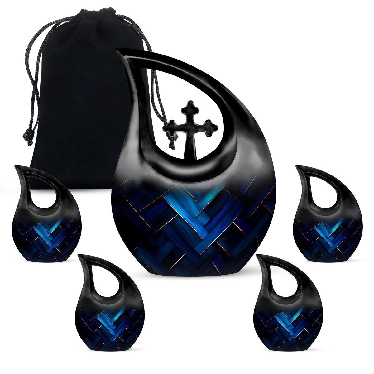 Steel Blue Blue Cremation Urn urn with complimentary velvet bag - faith-inspired cross-drop urn with blue pattern - memorial set with one large and four small urns