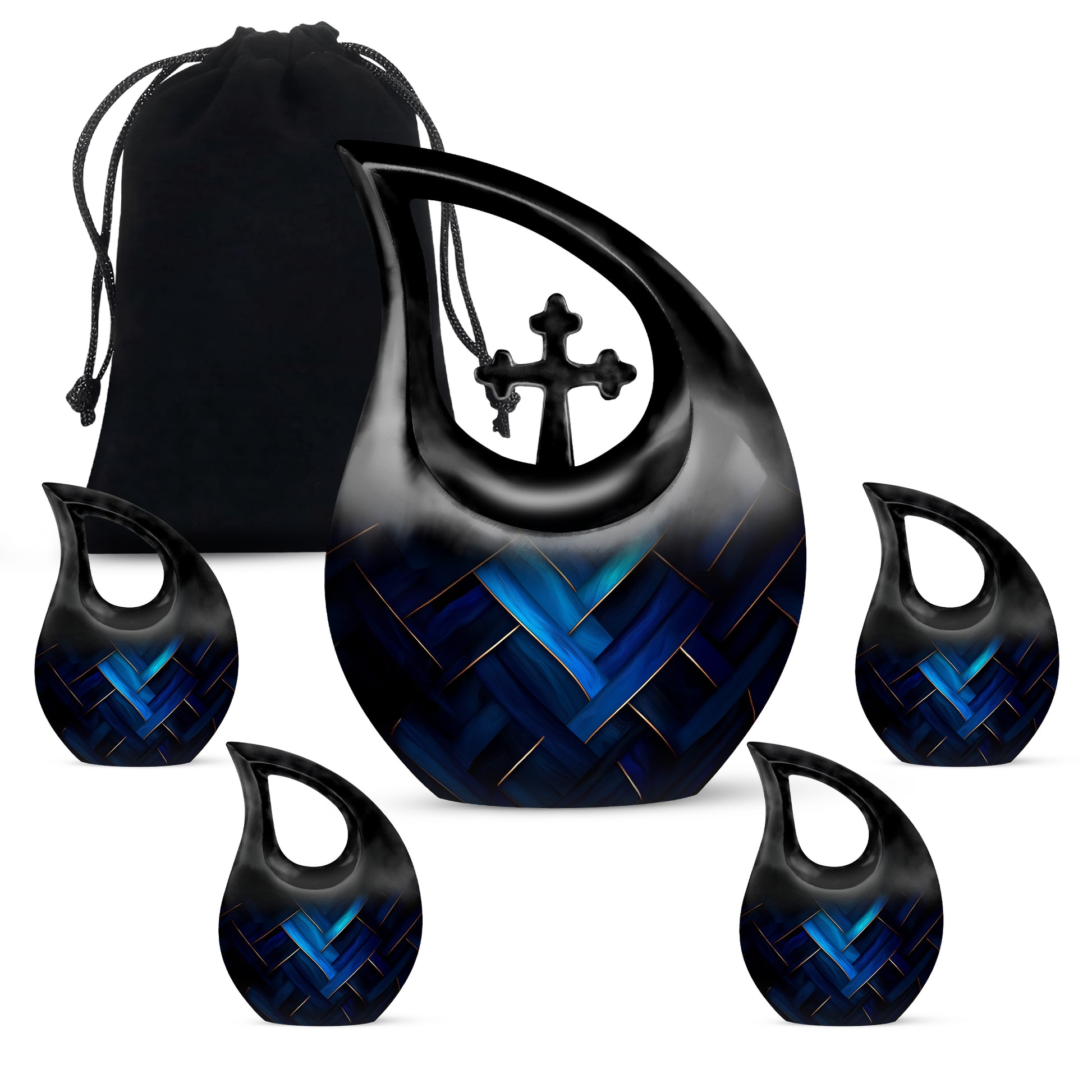 Steel Blue Blue Cremation Urn urn with complimentary velvet bag - faith-inspired cross-drop urn with blue pattern - memorial set with one large and four small urns