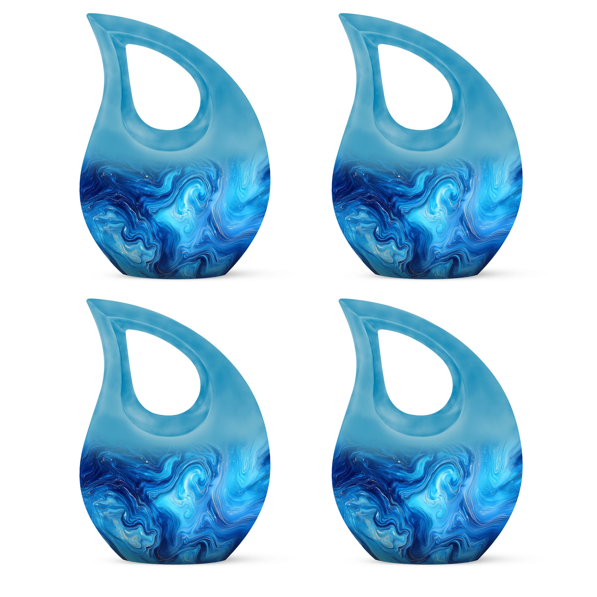 Deep Teal Blue Cremation Urn lifestyle display on memorial shelf - devotional cross-drop blue engraving - 10 inch aluminum urn for cremated remains