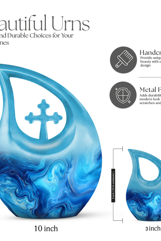 Jewel Teal Blue Cremation Urn back view with polished surface - sacred cross merged with blue motif on metal - mini keepsake memorial for portion of cremation ashes