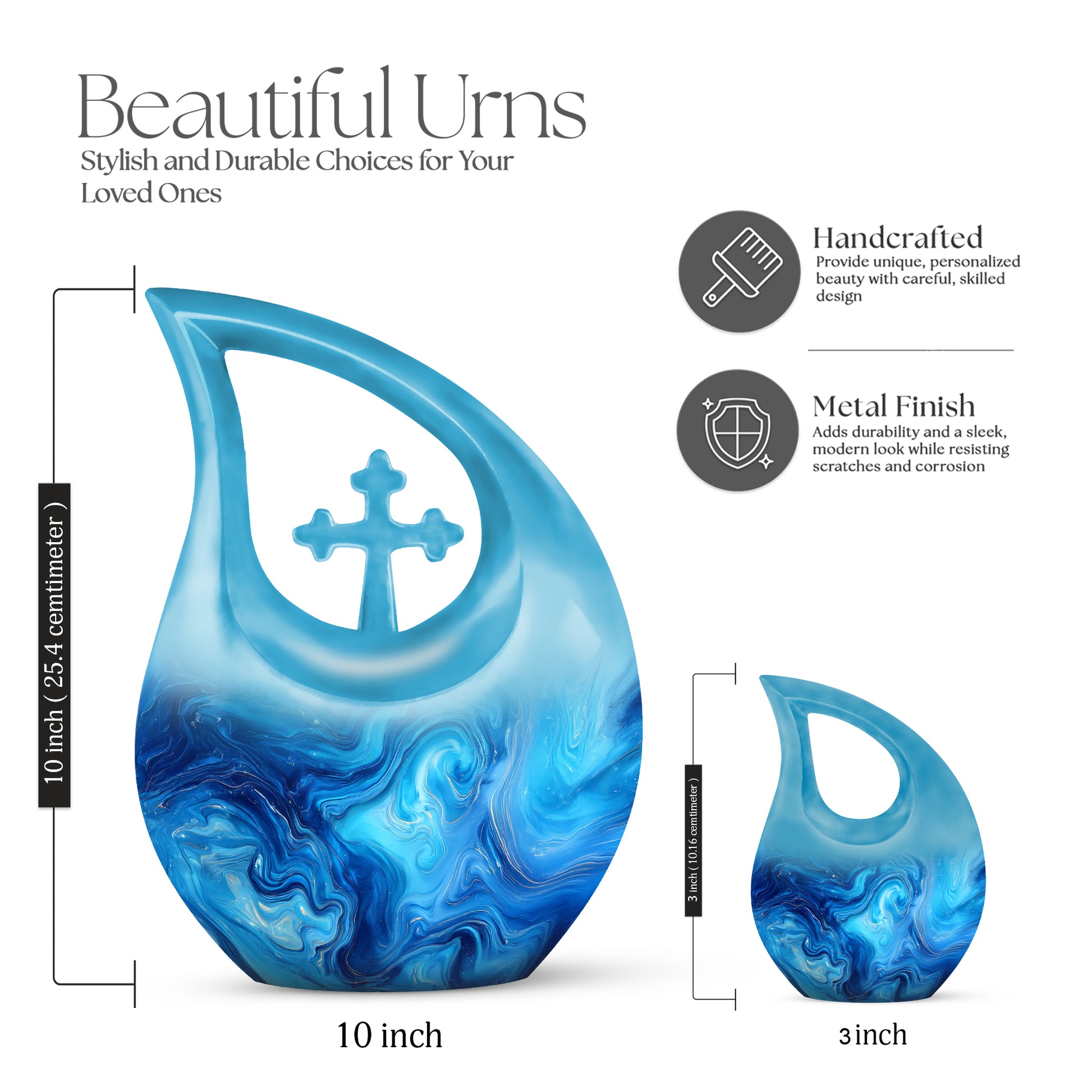 Jewel Teal Blue Cremation Urn back view with polished surface - sacred cross merged with blue motif on metal - mini keepsake memorial for portion of cremation ashes