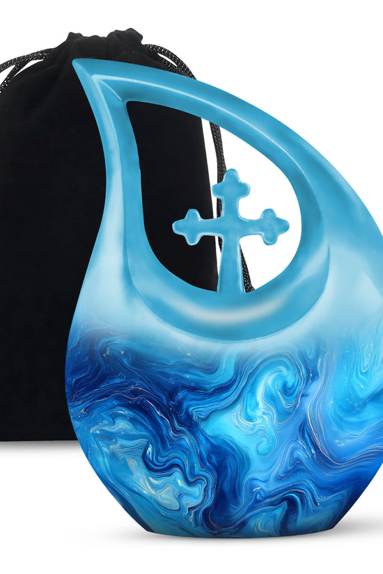 Ocean Teal Blue Cremation Urn top-down view of secure threaded lid - cross and blue combined in spiritual memorial design - full-size 10 inch 200 cubic inch adult cremation urn