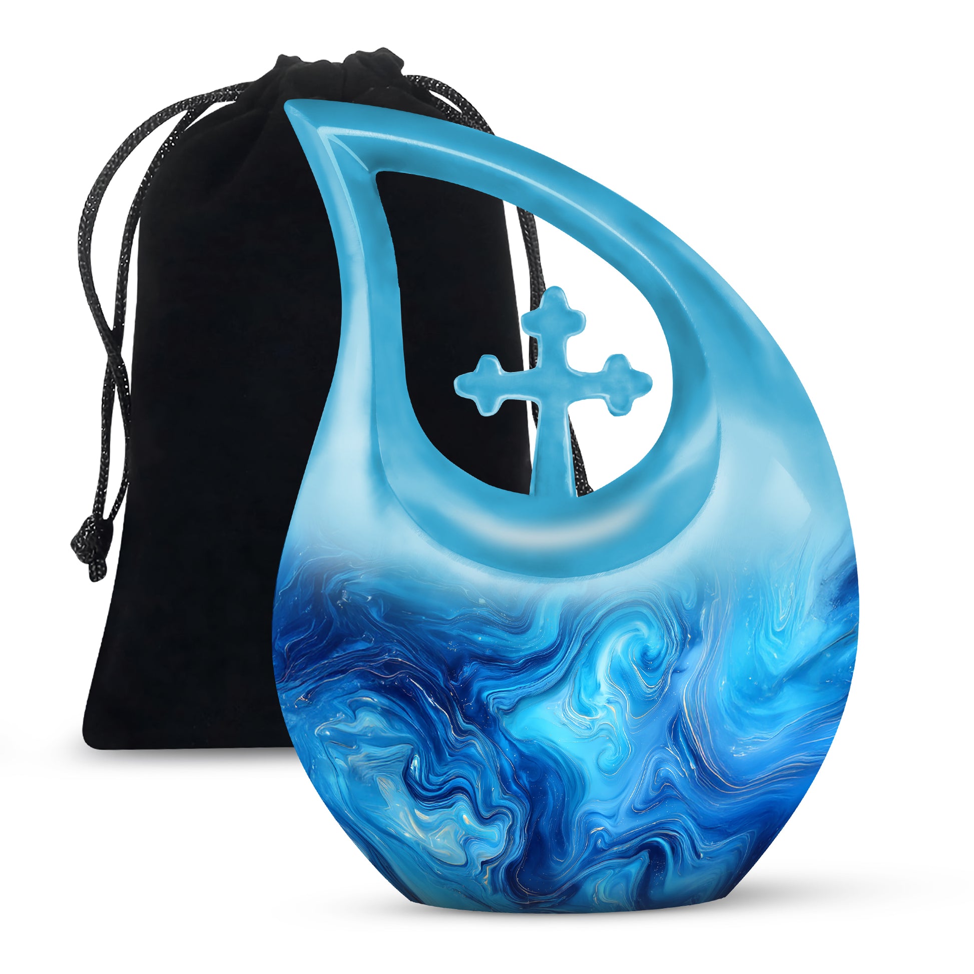 Ocean Teal Blue Cremation Urn top-down view of secure threaded lid - cross and blue combined in spiritual memorial design - full-size 10 inch 200 cubic inch adult cremation urn