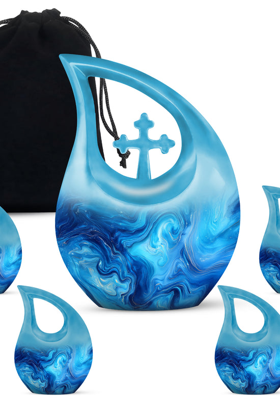 Soft Teal Blue Cremation Urn urn with complimentary velvet bag - cross and blue combined in spiritual memorial design - memorial set with one large and four small urns