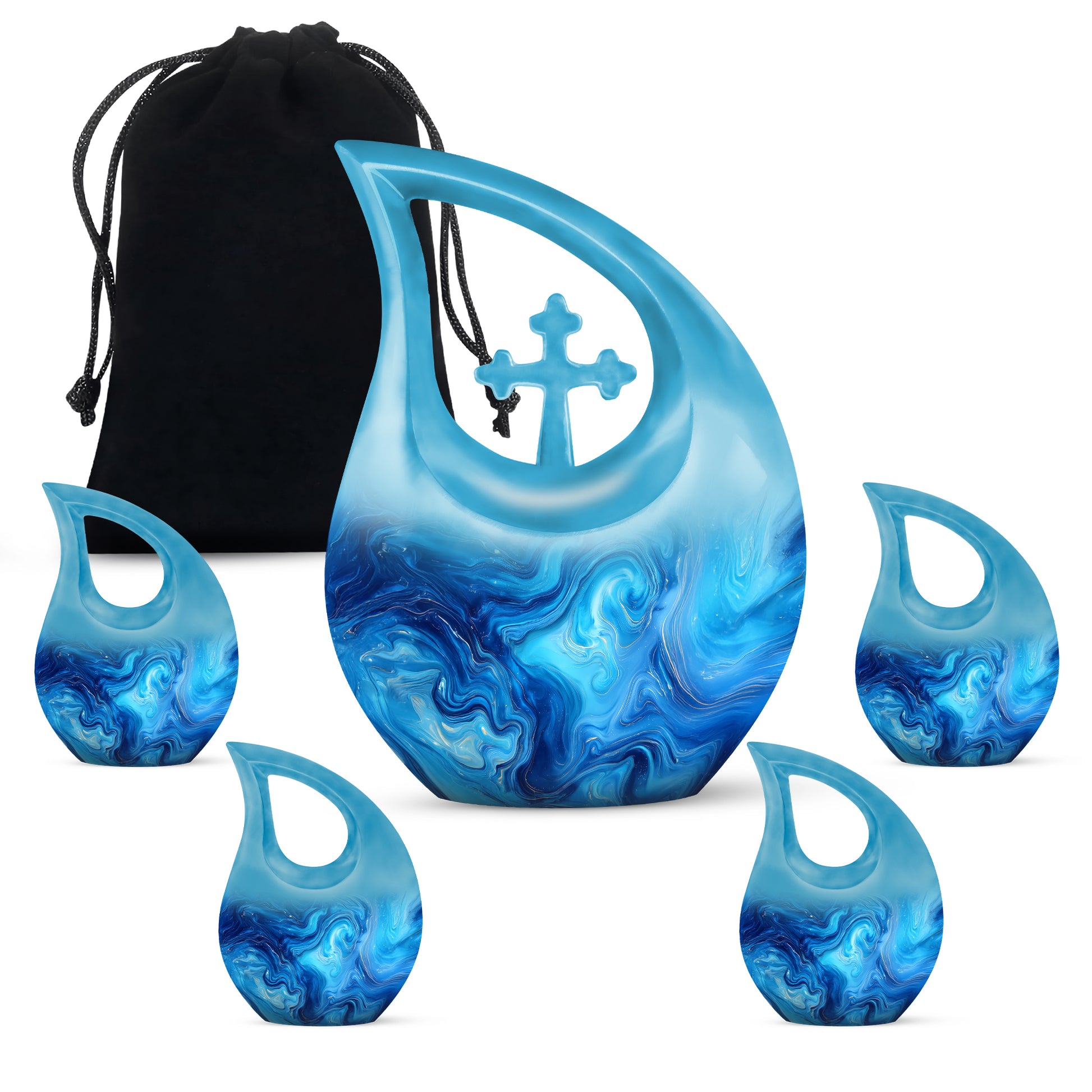 Soft Teal Blue Cremation Urn urn with complimentary velvet bag - cross and blue combined in spiritual memorial design - memorial set with one large and four small urns