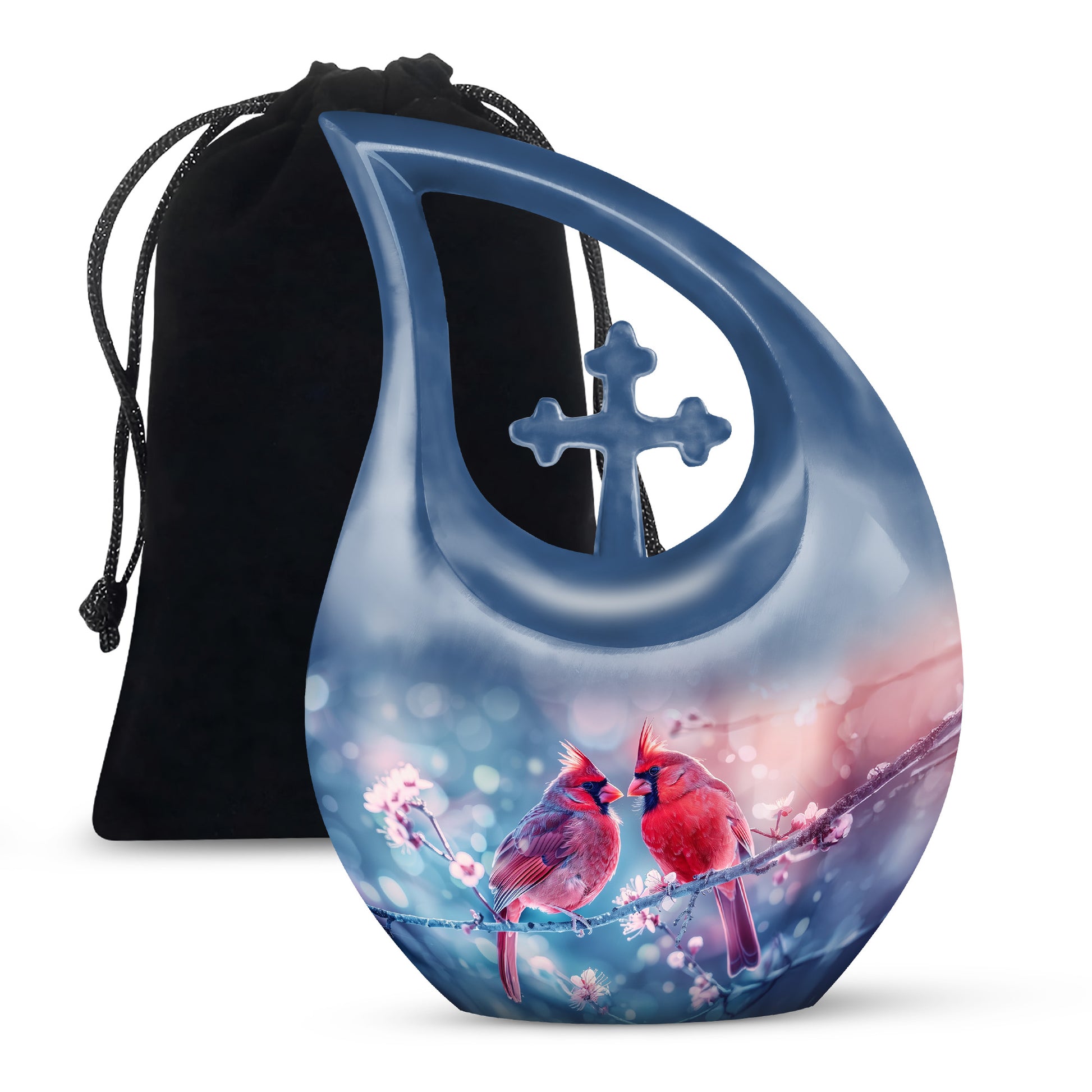 Cardinal Bird Pair Urn For Couples - Cherry Blossoms Memorial Urn