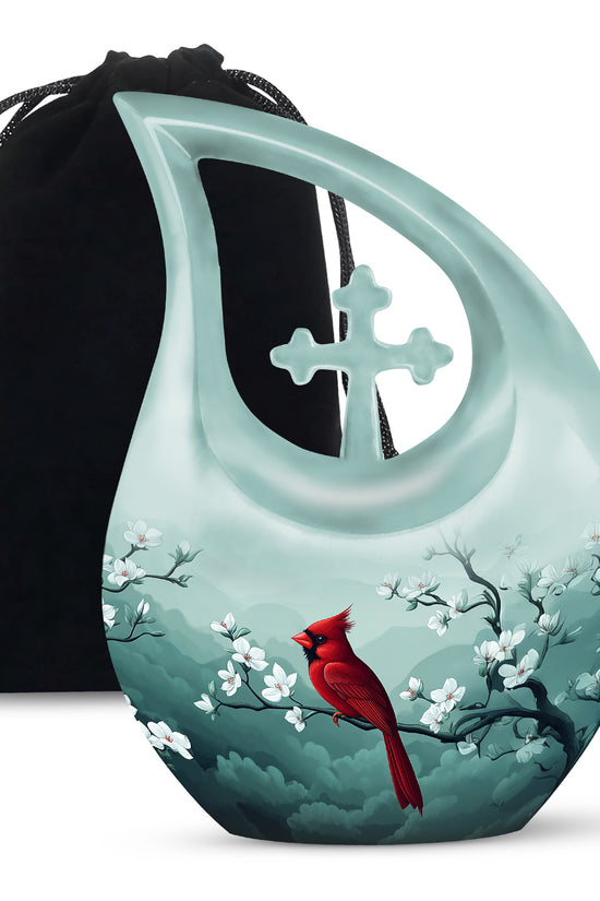Cardinal Bird Memorial Urn - White Cherry Blossom Urn For Male & Female