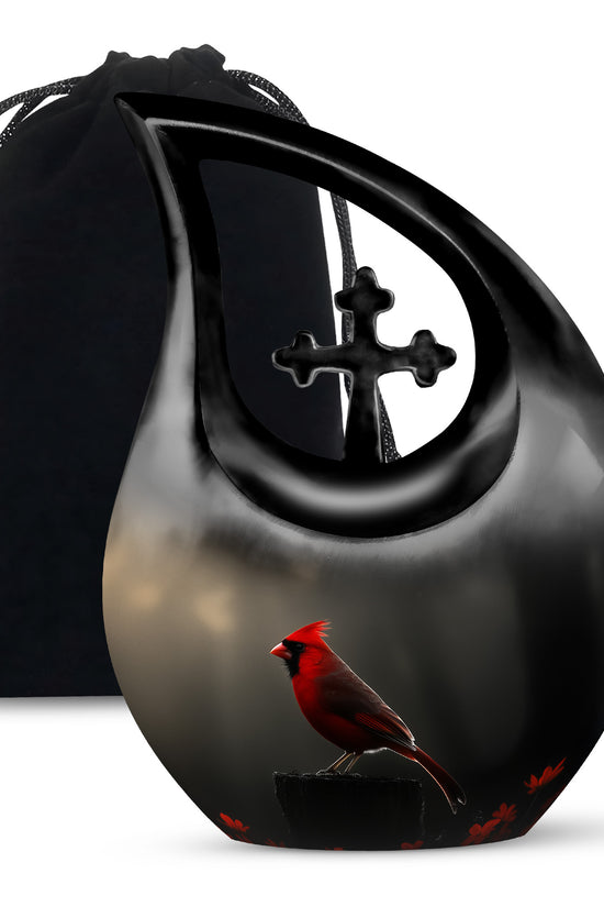 Cardinal Bird Black Cremation Urn - Modern Memorial Urn Adult