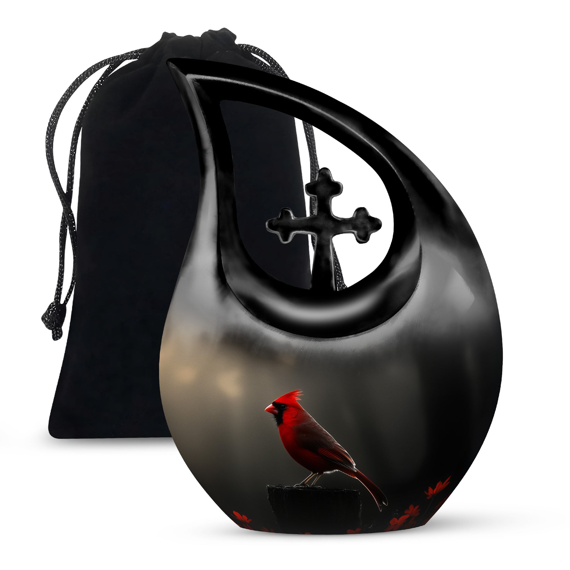 Cardinal Bird Black Cremation Urn - Modern Memorial Urn Adult