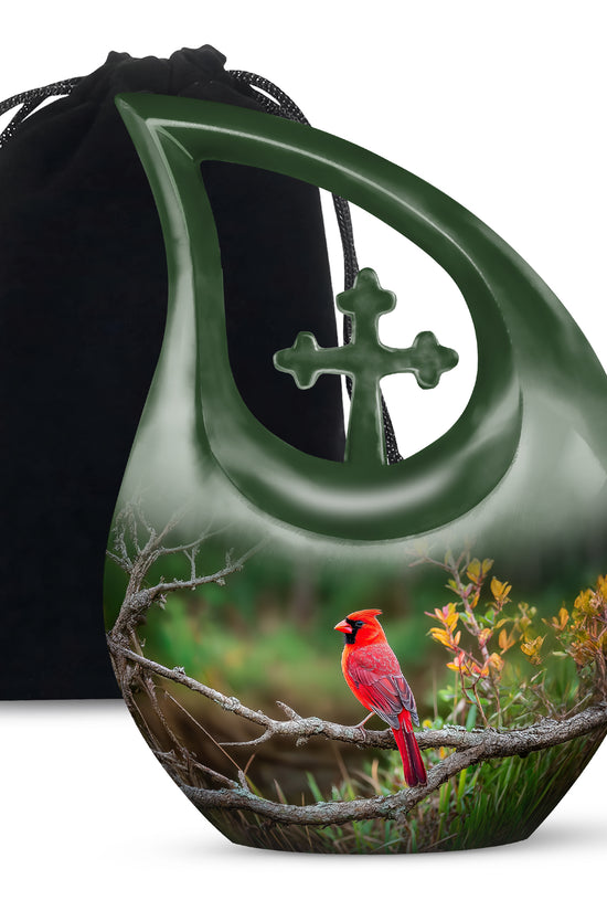 Forest Cardinal Funeral Urn - Green Aluminum Cremation Urn For Loved Ones