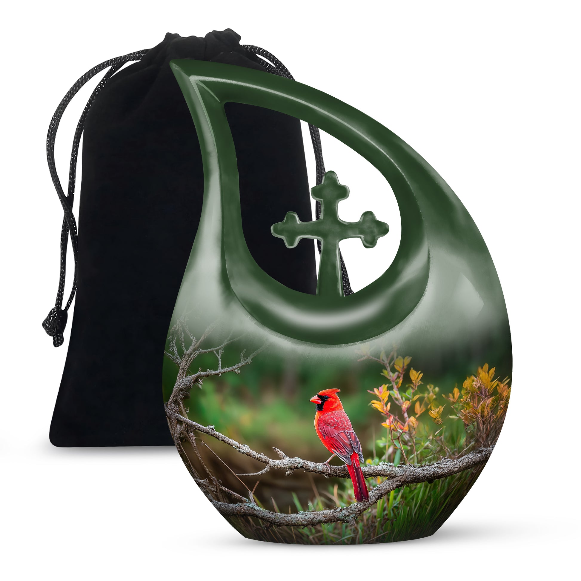 Forest Cardinal Funeral Urn - Green Aluminum Cremation Urn For Loved Ones