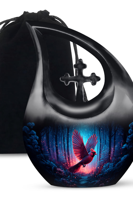 Forest Cardinal Bird Theme Funeral Urn - Black Large Aluminium Urn For Ashes