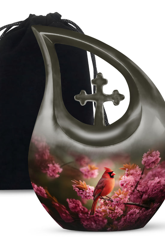 Pink Floral Cardinal Cremation Urn - Decorative Memorial Urn For Burial
