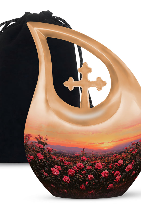 Red Rose Field Cremation Urn - Sunset Funeral Urn For Human Ashes