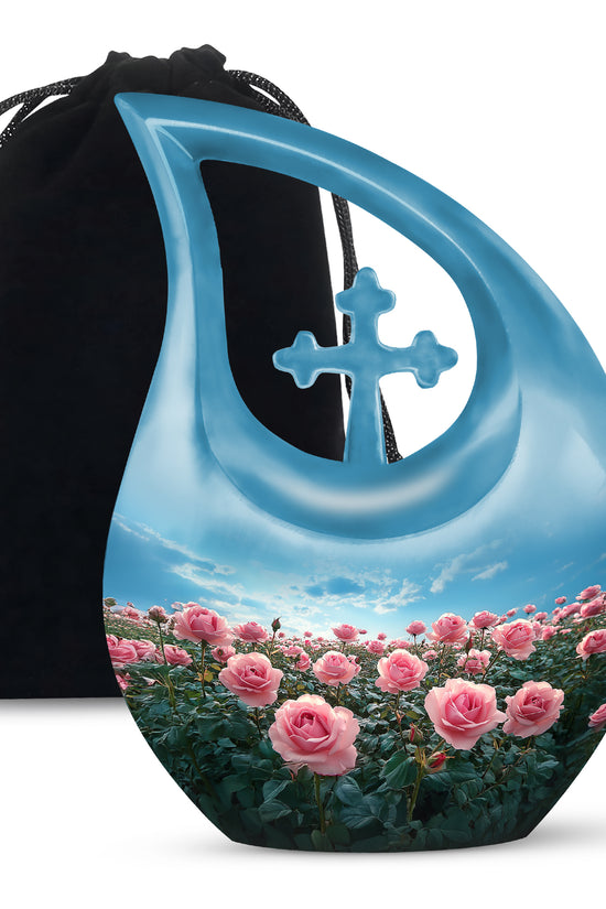 Pink Rose Field Memorial Urn - Blue Sky Cremation Urn For Loved Ones
