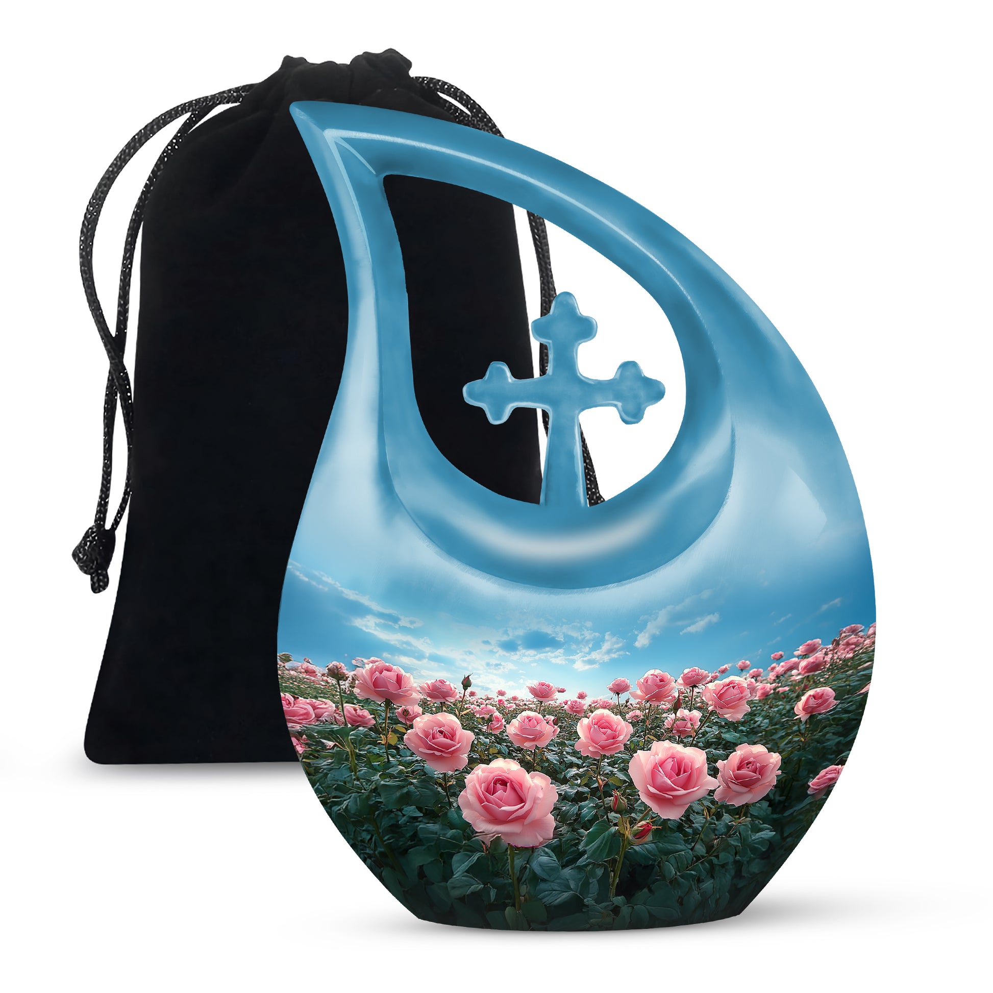 Pink Rose Field Memorial Urn - Blue Sky Cremation Urn For Loved Ones