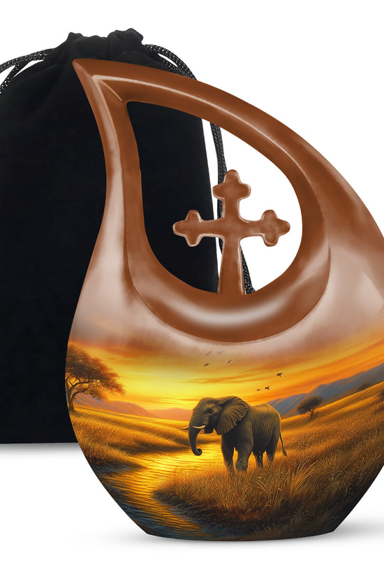 Elephant Tribute Cremation Urn – Sunset Landscape Memorial Urn for Dad & Mom