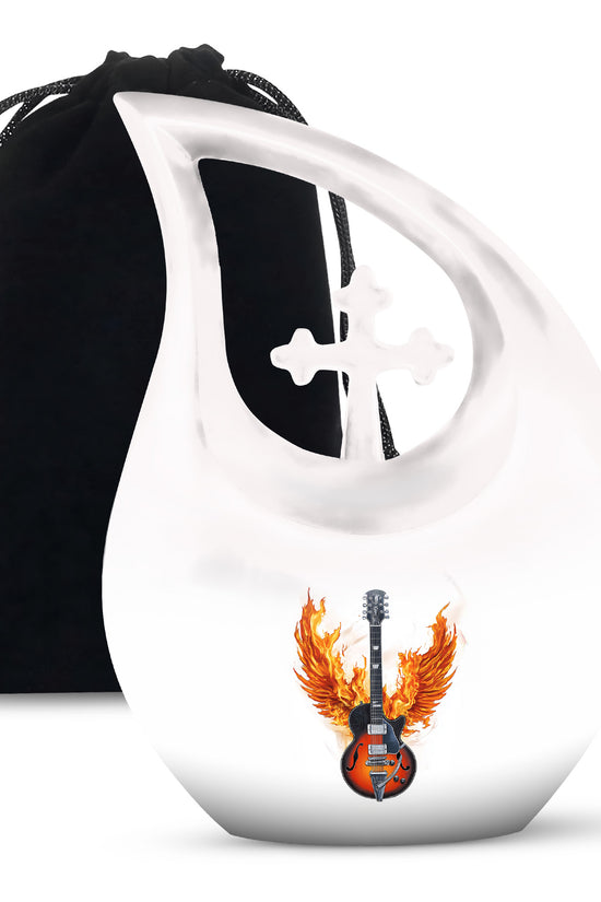 White flaming Guitar Urn - Beautiful Cremation Urns For Human Ashes